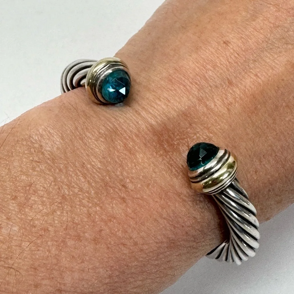David Yurman 7mm Blue Topaz Cable Classic Cuff Bracelet .925/14K - Picture 7 of 10